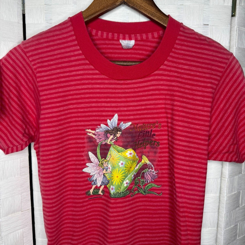 Vintage Natures Little Helpers Fairy Graphic Striped T-Shirt Red Pink Medium - Picture 2 of 5